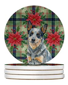 Blue Heeler Australian Cattle Dog Christmas PoinsettIas Large Sandstone Coasters Pack of 4 Absorbent Round Coasters Decor Gifts for Men or Women,