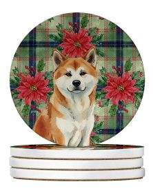 Red Akita Christmas PoinsettIas Large Sandstone Coasters Pack of 4 Absorbent Round Coasters Decor Gifts for Men or Women, 4 in, Multicolor