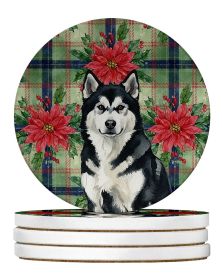 Black and White Alaskan Malamute Christmas PoinsettIas Large Sandstone Coasters Pack of 4 Absorbent Round Coasters Decor Gifts for Men or Women,