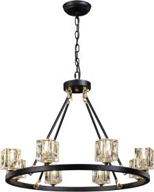 Black Wagon Wheel Chandelier, 8-Light Farmhouse Crystal Chandeleirs With Adjustable Height,Ceiling Hanging Light Fixture Pendant Lights For Livin (Color: Black)