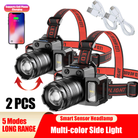 LED Tactical Headlamp Head Torch USB Rechargeable Motion Sensor Headlight Zoomable 5 Modes Emergency Power Bank For Mobile Phone (Option: 2pcs)