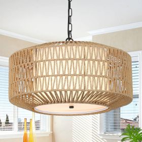 Farmhouse Chandelier Light Fixture,4-Light Rattan Boho Chandeliers For Dining Room With Fabric Shade (Color: Brown)